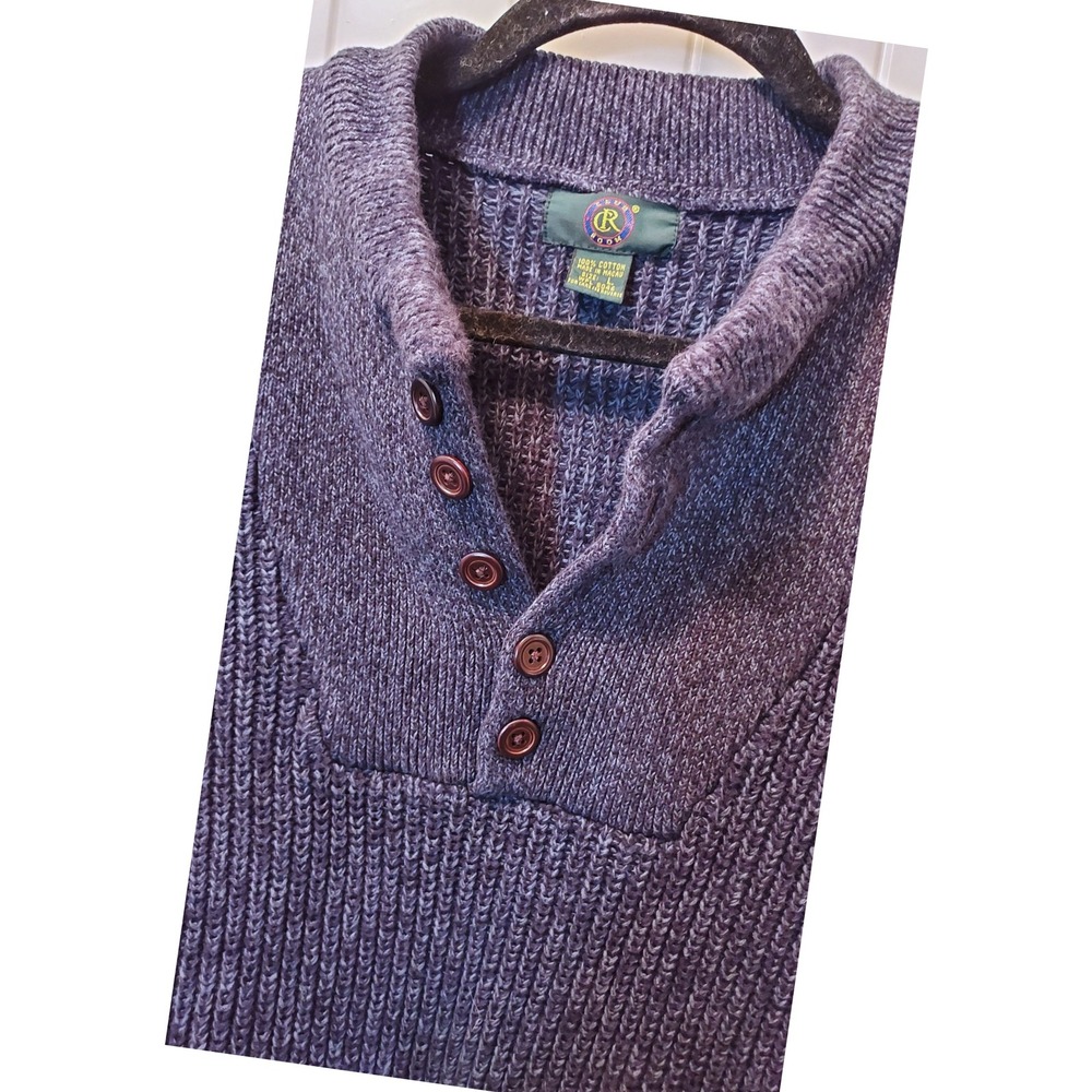 Club Room‎ Mens Sweater L Navy Vintage Cotton Knit 3 Button Pullover Long Sleeve